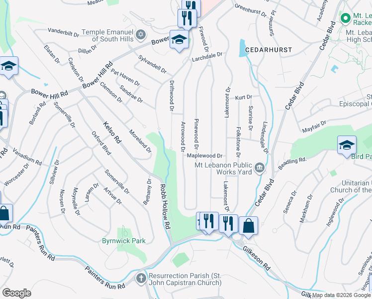 map of restaurants, bars, coffee shops, grocery stores, and more near 1247 Arrowood Drive in Pittsburgh