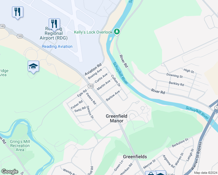 map of restaurants, bars, coffee shops, grocery stores, and more near 513 Lockheed Avenue in Reading