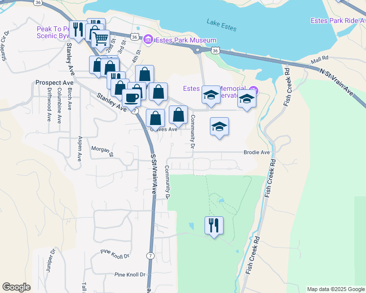 map of restaurants, bars, coffee shops, grocery stores, and more near 625 Community Drive in Estes Park