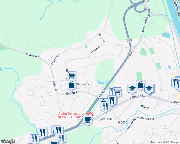 map of restaurants, bars, coffee shops, grocery stores, and more near 100 Parkside Drive in New Hope