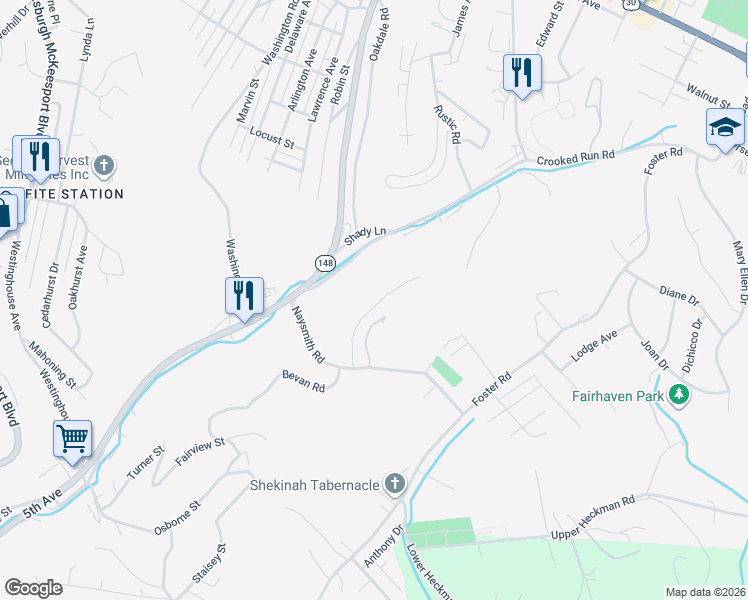 map of restaurants, bars, coffee shops, grocery stores, and more near 3705 Bevan Road in North Versailles