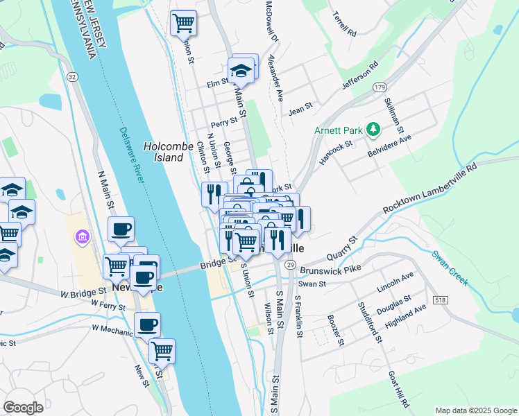 map of restaurants, bars, coffee shops, grocery stores, and more near 78 Coryell Street in Lambertville