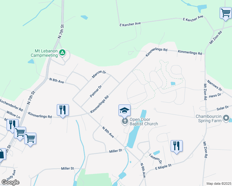 map of restaurants, bars, coffee shops, grocery stores, and more near 836 Kimmerlings Road in Lebanon