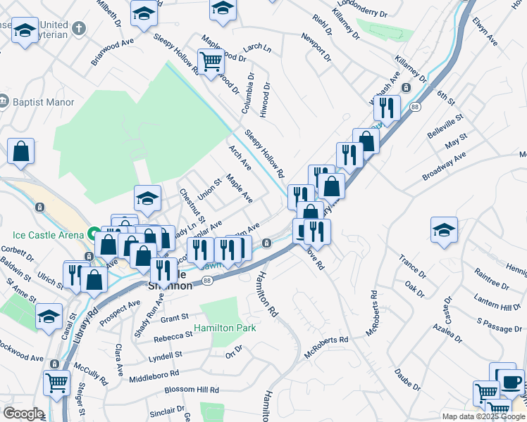 map of restaurants, bars, coffee shops, grocery stores, and more near 3430 Elm Avenue in Pittsburgh