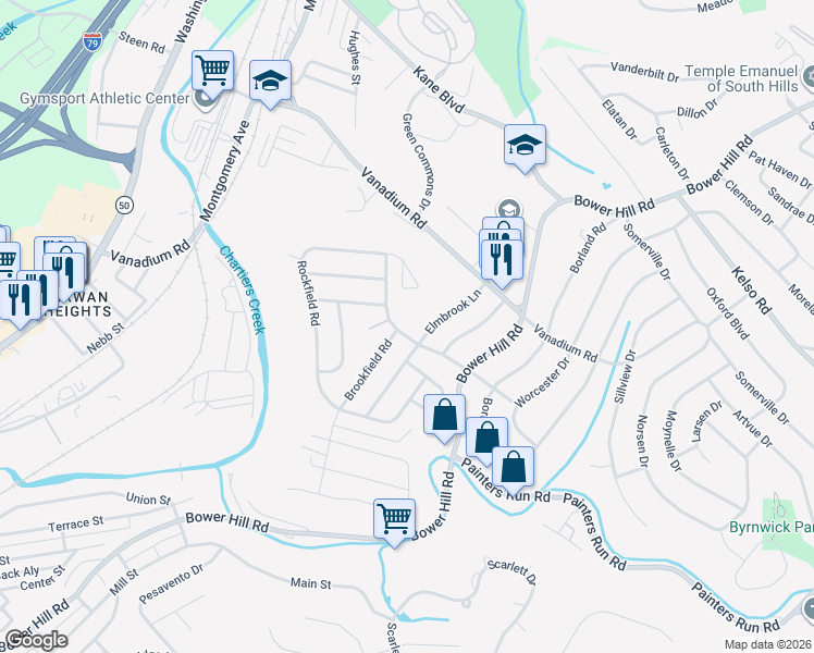 map of restaurants, bars, coffee shops, grocery stores, and more near 1956 Elmbrook Lane in Pittsburgh