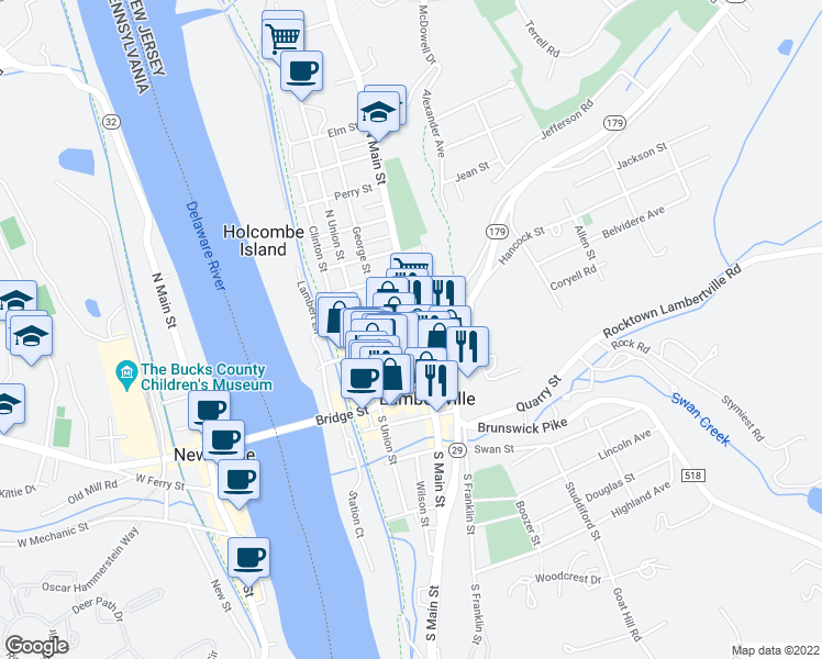 map of restaurants, bars, coffee shops, grocery stores, and more near 59 North Main Street in Lambertville