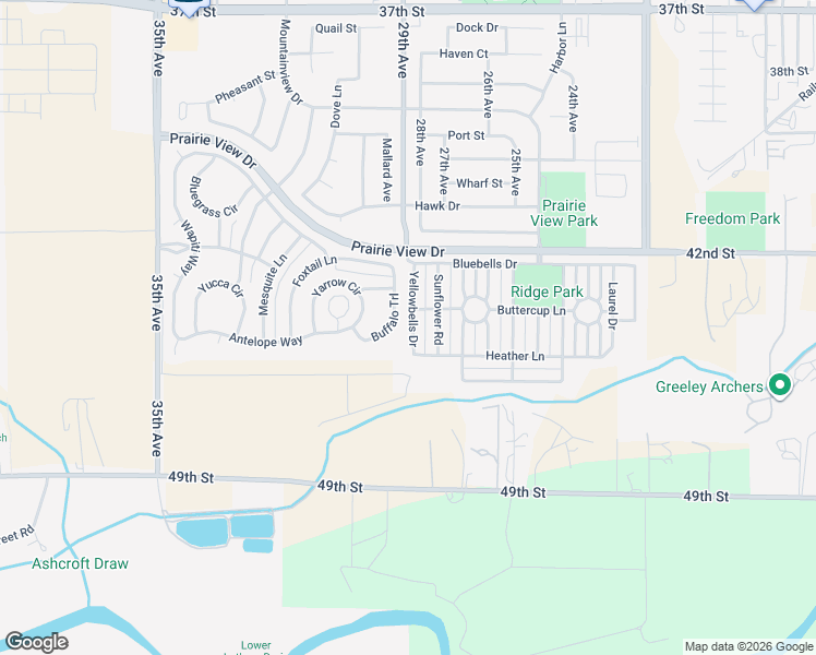 map of restaurants, bars, coffee shops, grocery stores, and more near 4300 Buffalo Trail in Evans