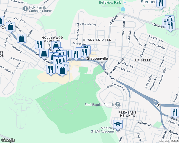 map of restaurants, bars, coffee shops, grocery stores, and more near 123 Langley Avenue in Steubenville