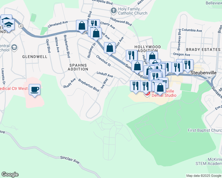map of restaurants, bars, coffee shops, grocery stores, and more near 3117 Whitehaven Boulevard in Steubenville