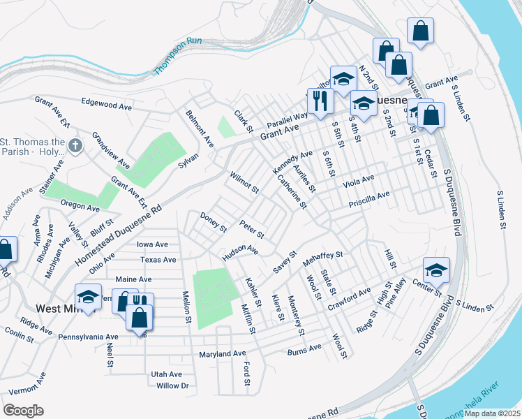 map of restaurants, bars, coffee shops, grocery stores, and more near 1110 Karl Avenue in Duquesne