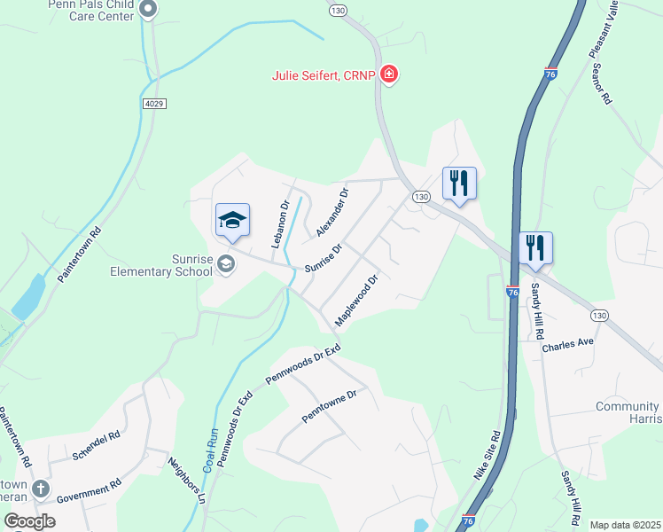 map of restaurants, bars, coffee shops, grocery stores, and more near 133 Sunrise Dr in Irwin