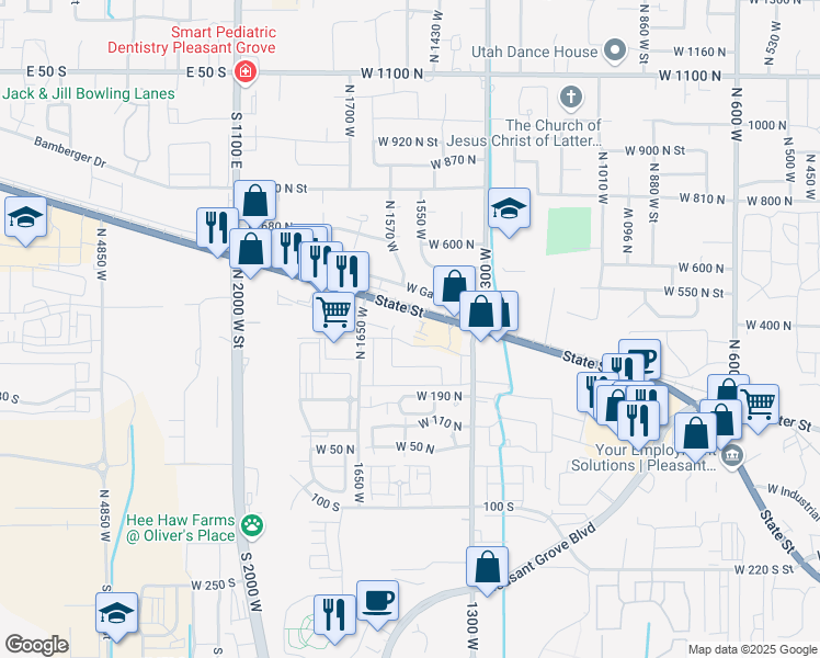 map of restaurants, bars, coffee shops, grocery stores, and more near 1392 West State Street in Pleasant Grove