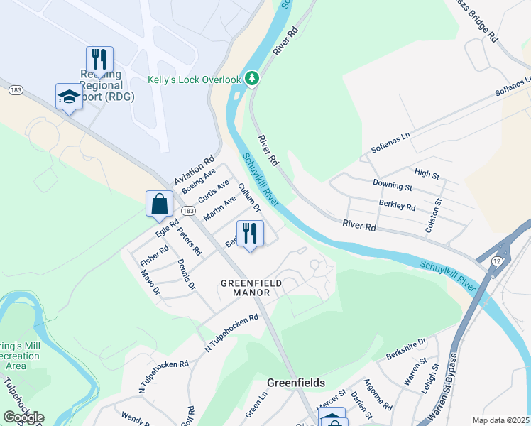map of restaurants, bars, coffee shops, grocery stores, and more near 2101 Cullum Drive in Reading