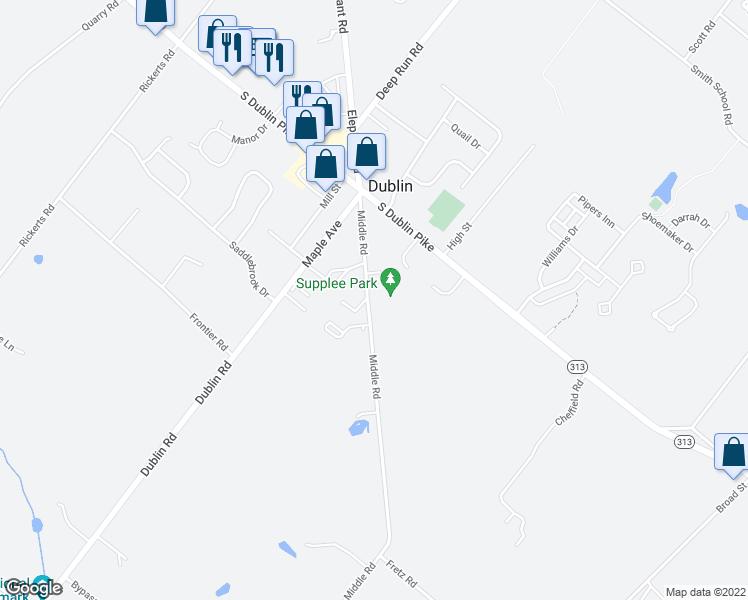 map of restaurants, bars, coffee shops, grocery stores, and more near 145 Middle Road in Dublin
