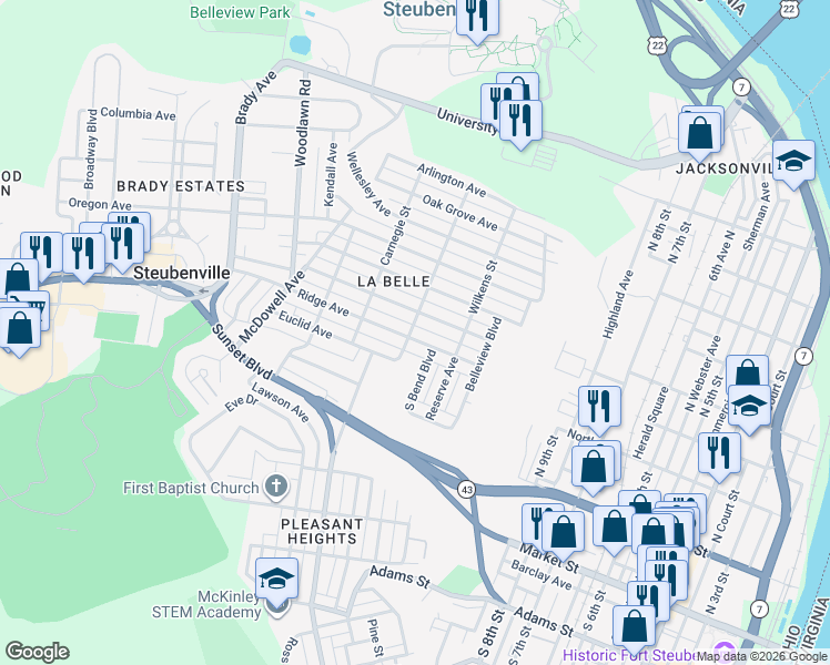 map of restaurants, bars, coffee shops, grocery stores, and more near 1247 Ridge Avenue in Steubenville