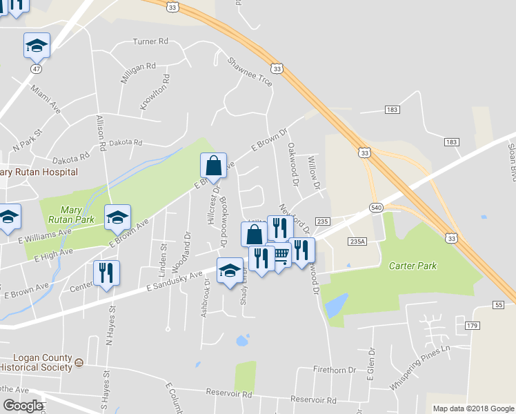 map of restaurants, bars, coffee shops, grocery stores, and more near 808 Ridgeview Drive in Bellefontaine