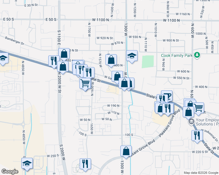 map of restaurants, bars, coffee shops, grocery stores, and more near 1467 West State Road in Pleasant Grove