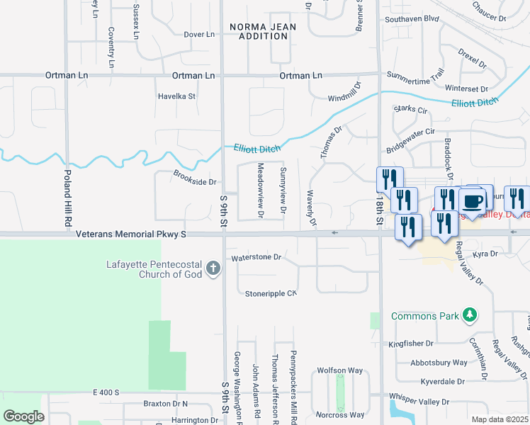 map of restaurants, bars, coffee shops, grocery stores, and more near 3625 Meadowview Drive in Lafayette