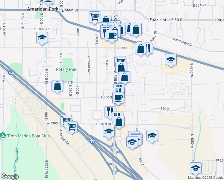 map of restaurants, bars, coffee shops, grocery stores, and more near 434 South 500 East in American Fork
