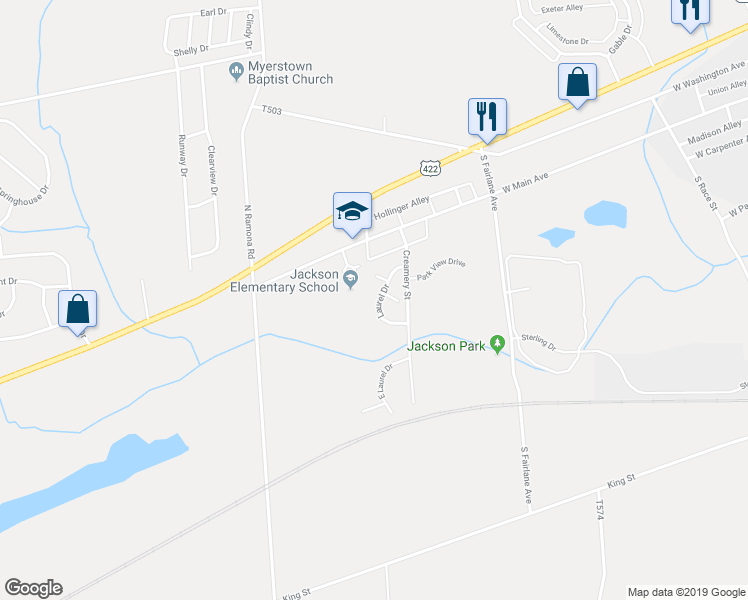 map of restaurants, bars, coffee shops, grocery stores, and more near 41 Laurel Drive in Myerstown