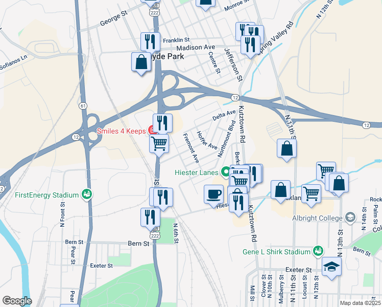 map of restaurants, bars, coffee shops, grocery stores, and more near 620 Crescent Avenue in Reading