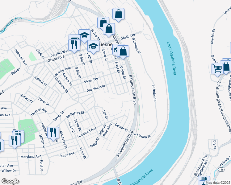 map of restaurants, bars, coffee shops, grocery stores, and more near 428 South 2nd Street in Duquesne