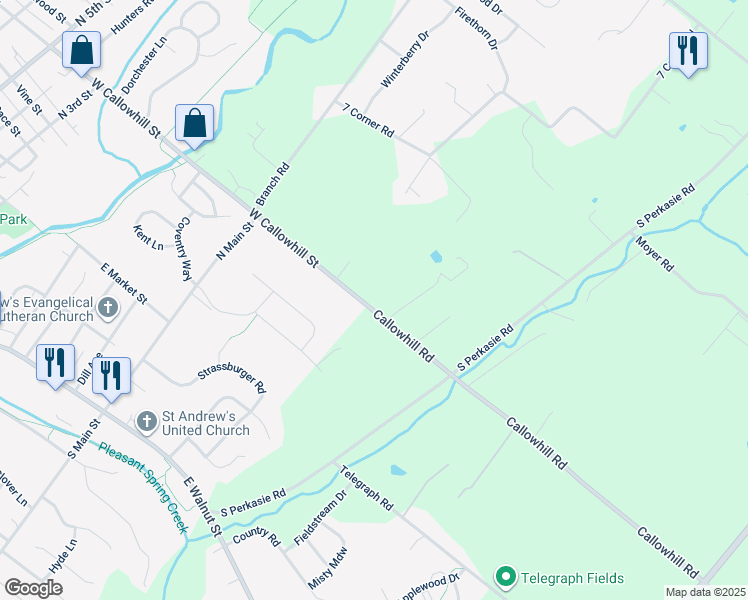 map of restaurants, bars, coffee shops, grocery stores, and more near 501 Callowhill Road in Perkasie