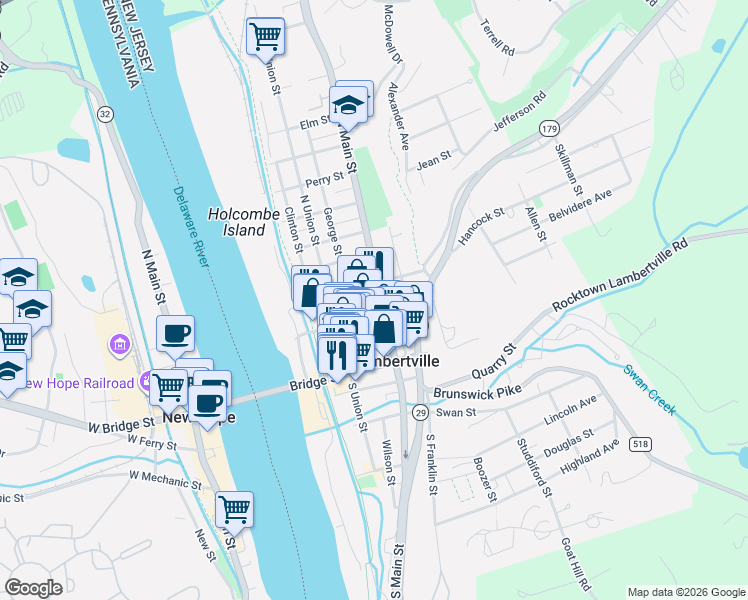 map of restaurants, bars, coffee shops, grocery stores, and more near 54 George Street in Lambertville