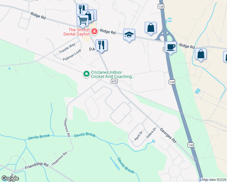map of restaurants, bars, coffee shops, grocery stores, and more near 22 Liberty Drive in South Brunswick Township