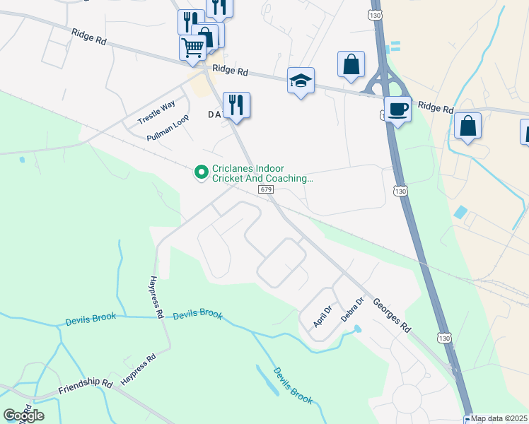 map of restaurants, bars, coffee shops, grocery stores, and more near 22 Liberty Drive in South Brunswick Township