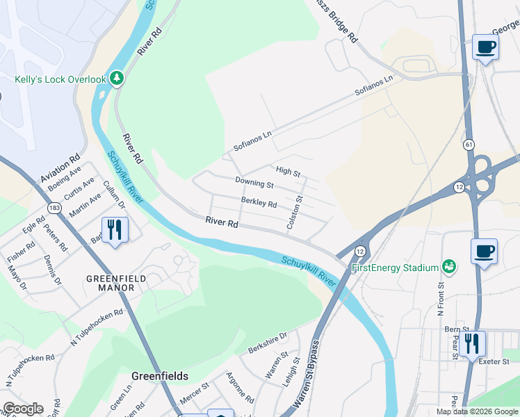 map of restaurants, bars, coffee shops, grocery stores, and more near 2356 Berkley Road in Reading