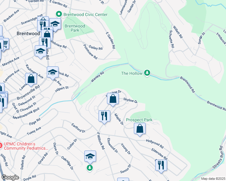 map of restaurants, bars, coffee shops, grocery stores, and more near 1677 Parkline Drive in Pittsburgh