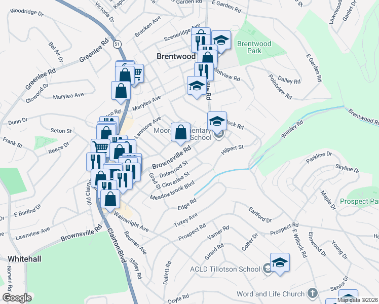 map of restaurants, bars, coffee shops, grocery stores, and more near 3907 Brownsville Road in Pittsburgh