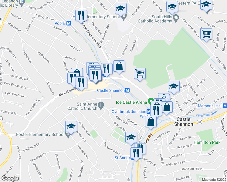 map of restaurants, bars, coffee shops, grocery stores, and more near 500 Hoodridge Drive in Castle Shannon