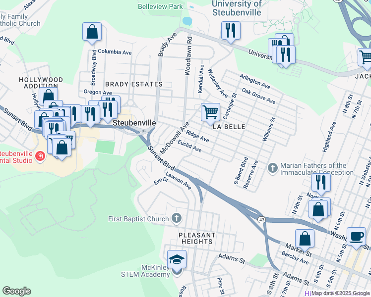 map of restaurants, bars, coffee shops, grocery stores, and more near 1516 Euclid Avenue in Steubenville