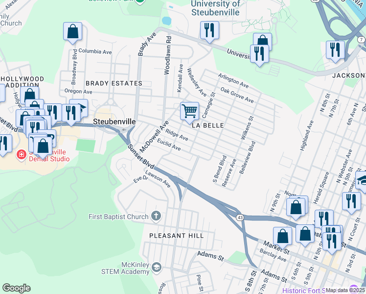map of restaurants, bars, coffee shops, grocery stores, and more near 1417 Euclid Avenue in Steubenville