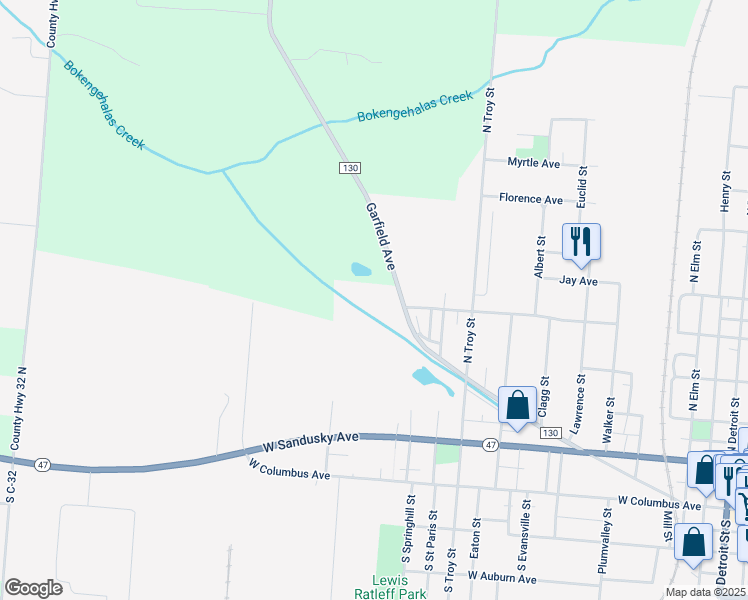 map of restaurants, bars, coffee shops, grocery stores, and more near 1147-1199 Garfield Avenue in Bellefontaine