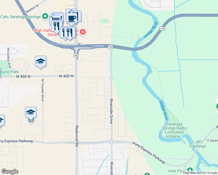 map of restaurants, bars, coffee shops, grocery stores, and more near 327 North Riverside Drive in Saratoga Springs