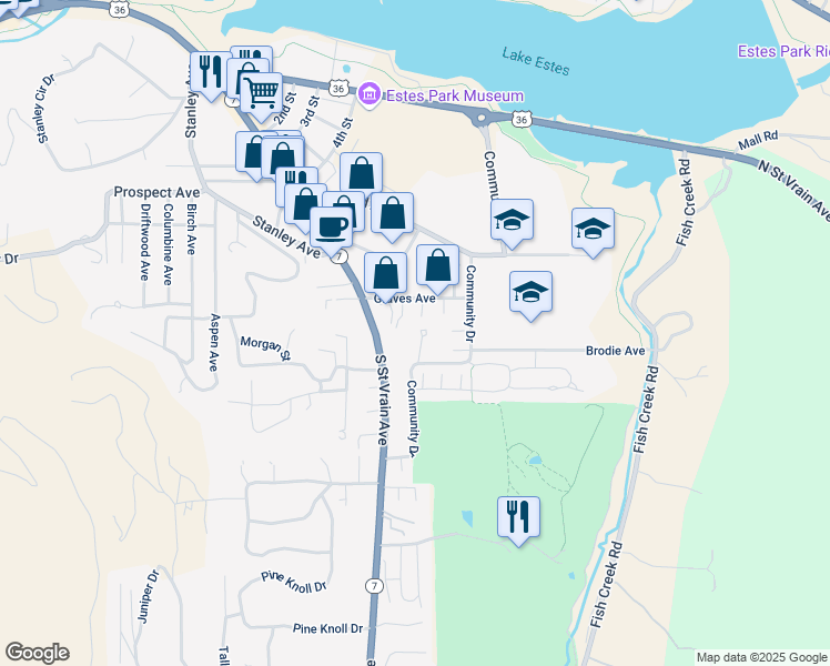 map of restaurants, bars, coffee shops, grocery stores, and more near 663 Halbach Lane in Estes Park