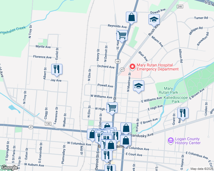 map of restaurants, bars, coffee shops, grocery stores, and more near 211 Powell Ave in Bellefontaine