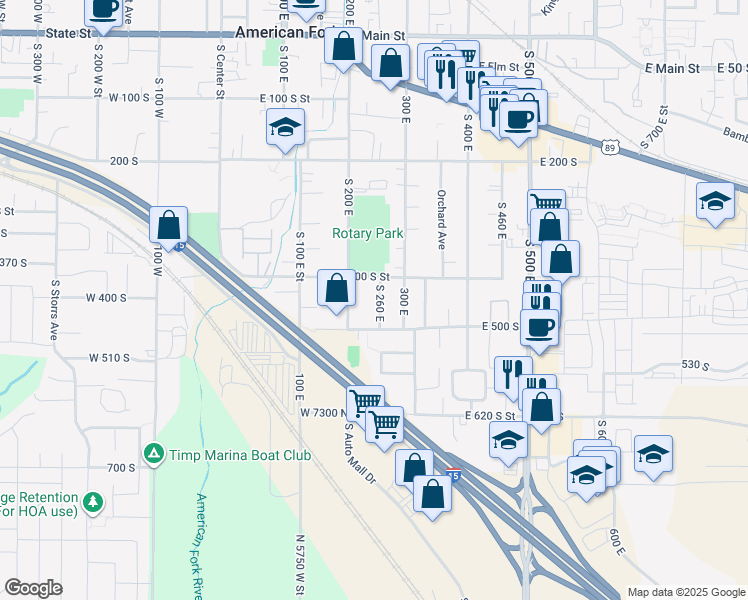 map of restaurants, bars, coffee shops, grocery stores, and more near 442 South 260 East in American Fork
