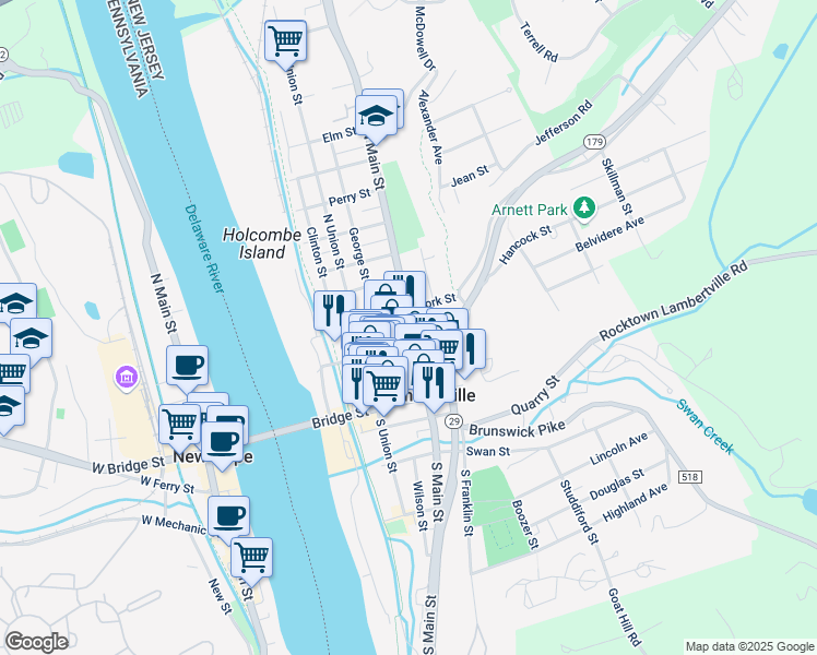 map of restaurants, bars, coffee shops, grocery stores, and more near 78 Coryell Street in Lambertville