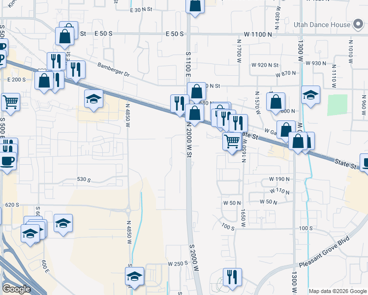 map of restaurants, bars, coffee shops, grocery stores, and more near 409 North 2000 West Street in Highland
