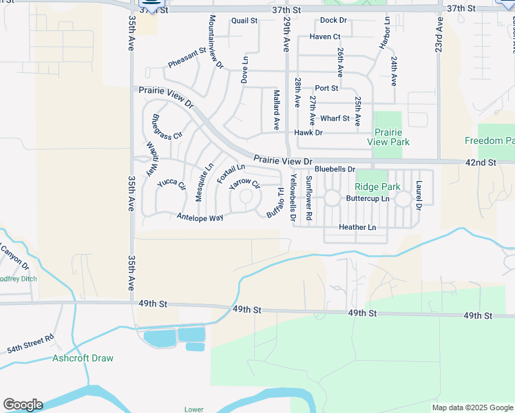 map of restaurants, bars, coffee shops, grocery stores, and more near Yarrow Circle in Evans