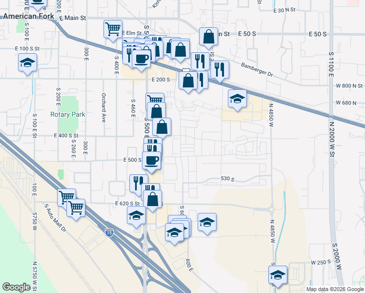 map of restaurants, bars, coffee shops, grocery stores, and more near 602 East 430 South in American Fork