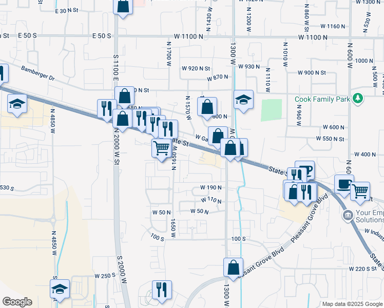 map of restaurants, bars, coffee shops, grocery stores, and more near 295 North 1580 in Pleasant Grove