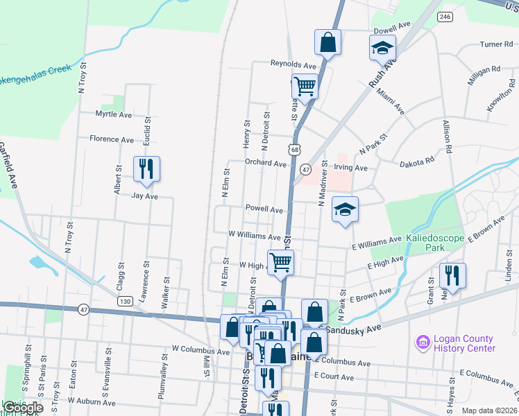 map of restaurants, bars, coffee shops, grocery stores, and more near 213 Powell Avenue in Bellefontaine