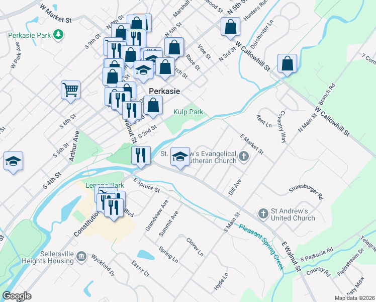 map of restaurants, bars, coffee shops, grocery stores, and more near 38 Fairview Avenue in Perkasie