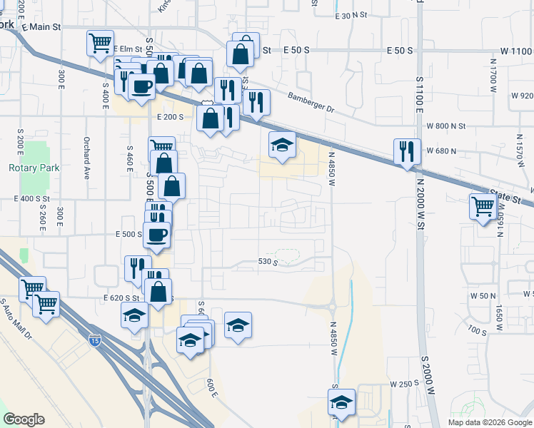 map of restaurants, bars, coffee shops, grocery stores, and more near 767 480 South in American Fork