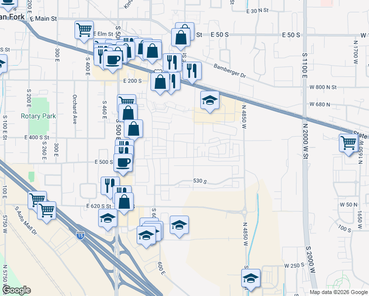 map of restaurants, bars, coffee shops, grocery stores, and more near 416 South 720 East in American Fork